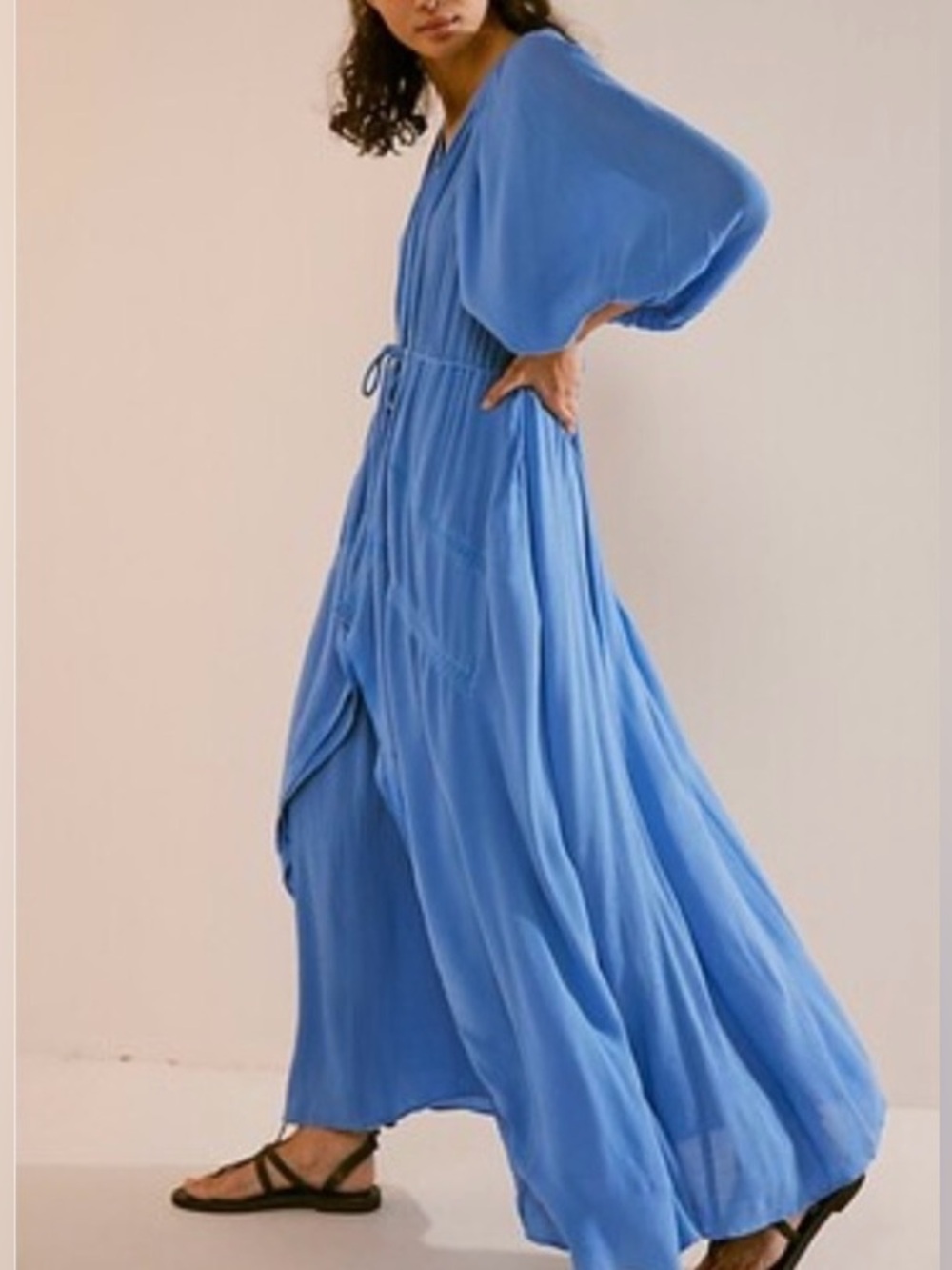 NWT Free People Turquoise V-Neck Tie-Waist Maxi Dress - Picture 4 of 14